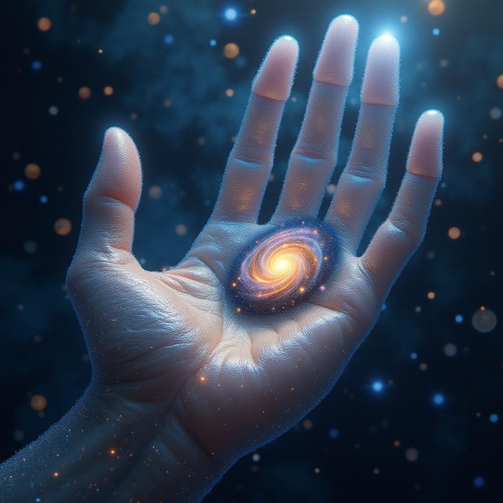 Ethereal Hand Holding Galaxy in Dreamlike Cosmic Scene