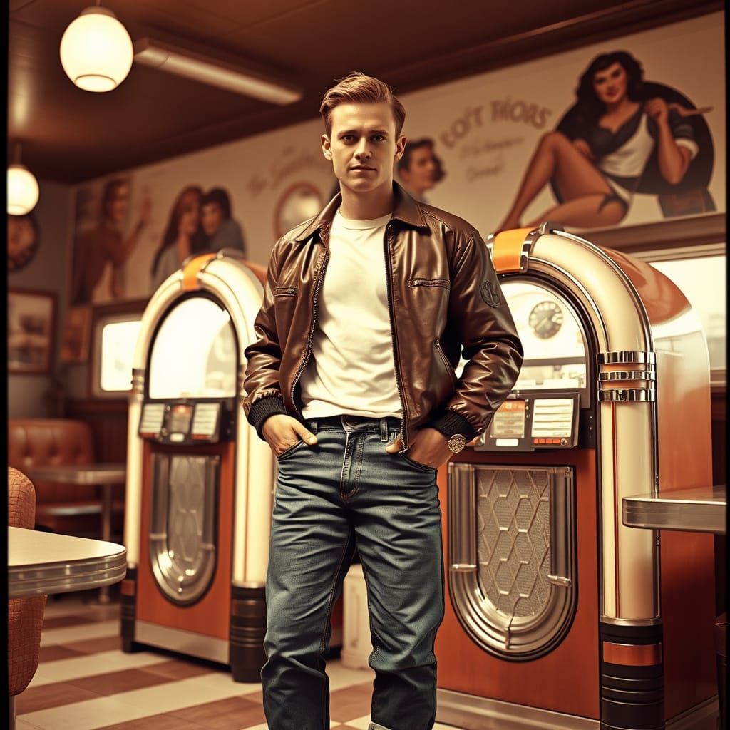 Mid-Century Man in Diner: Sepia-Toned Photorealistic Portrai...