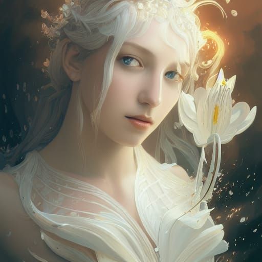 Ethereal White Lily Goddess Portrait in Art Nouveau Style