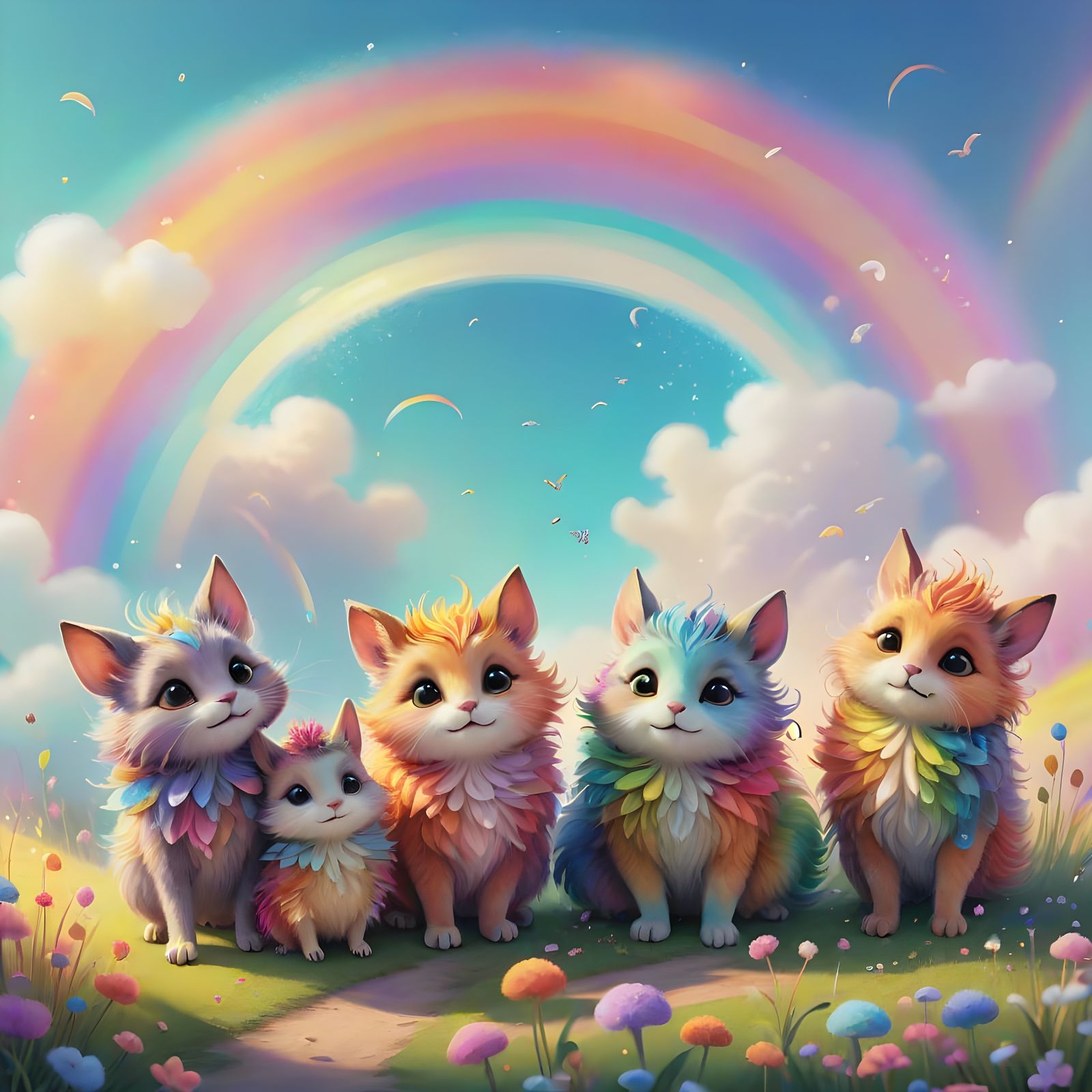 Whimsical Fantasy Creatures Play Beneath a Vibrant Rainbow