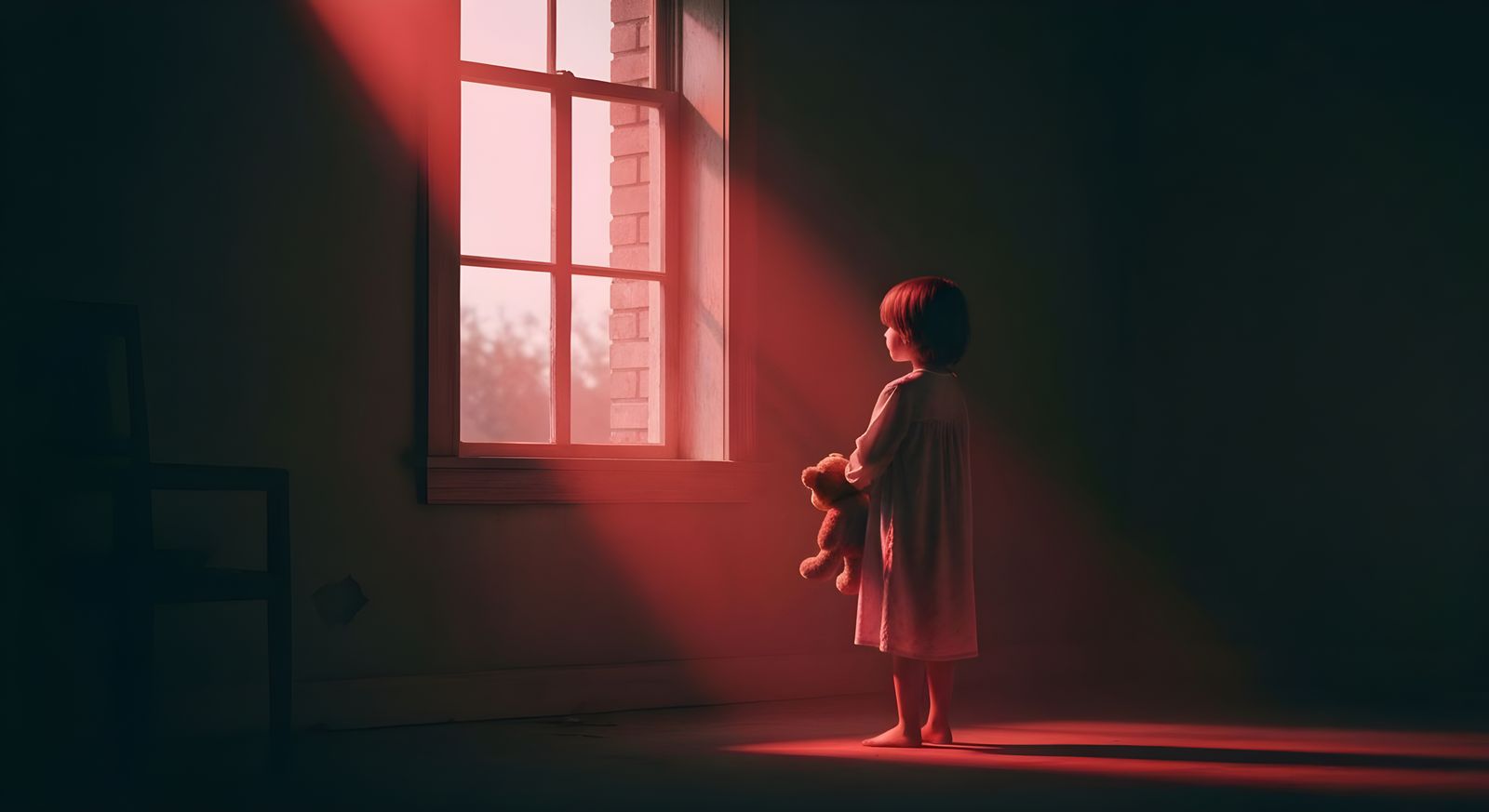 Eerie Scene: Child, Teddy Bear, and Unearthly Light