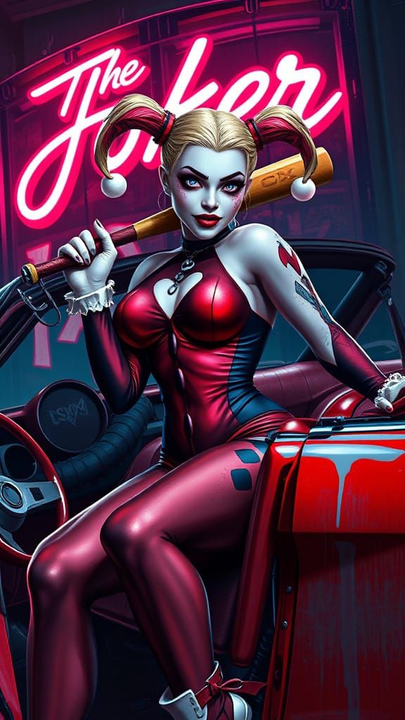 Vibrant Harley Quinn in Jester Costume, Sharp Features, Brig...