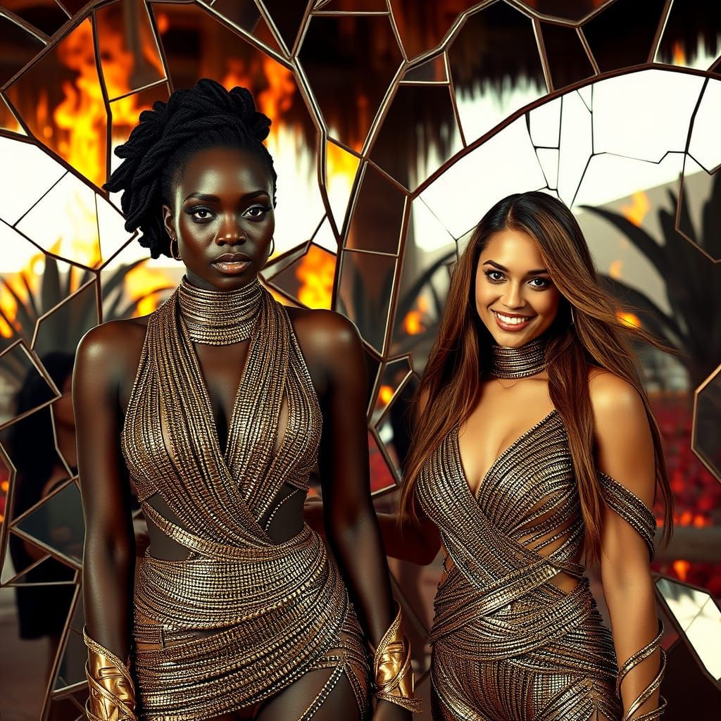 Futuristic Women in Oasis with Burning Reflections