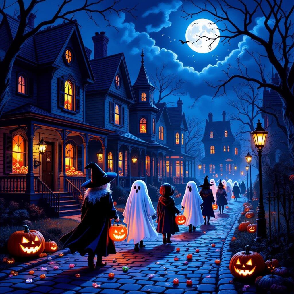 Eerie Halloween Night with Haunted Houses and Ghostly Candie...