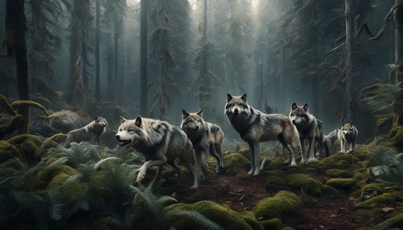 Hyperrealistic Gray Wolves in Forest