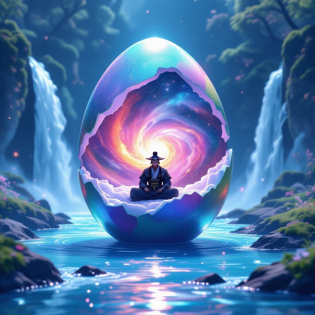 Cosmic Easter Egg Nebula With Samurai in Anime Style