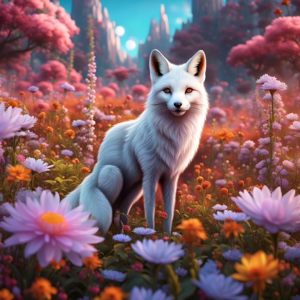 Albino Fox in a Colorful Alien Flower Garden