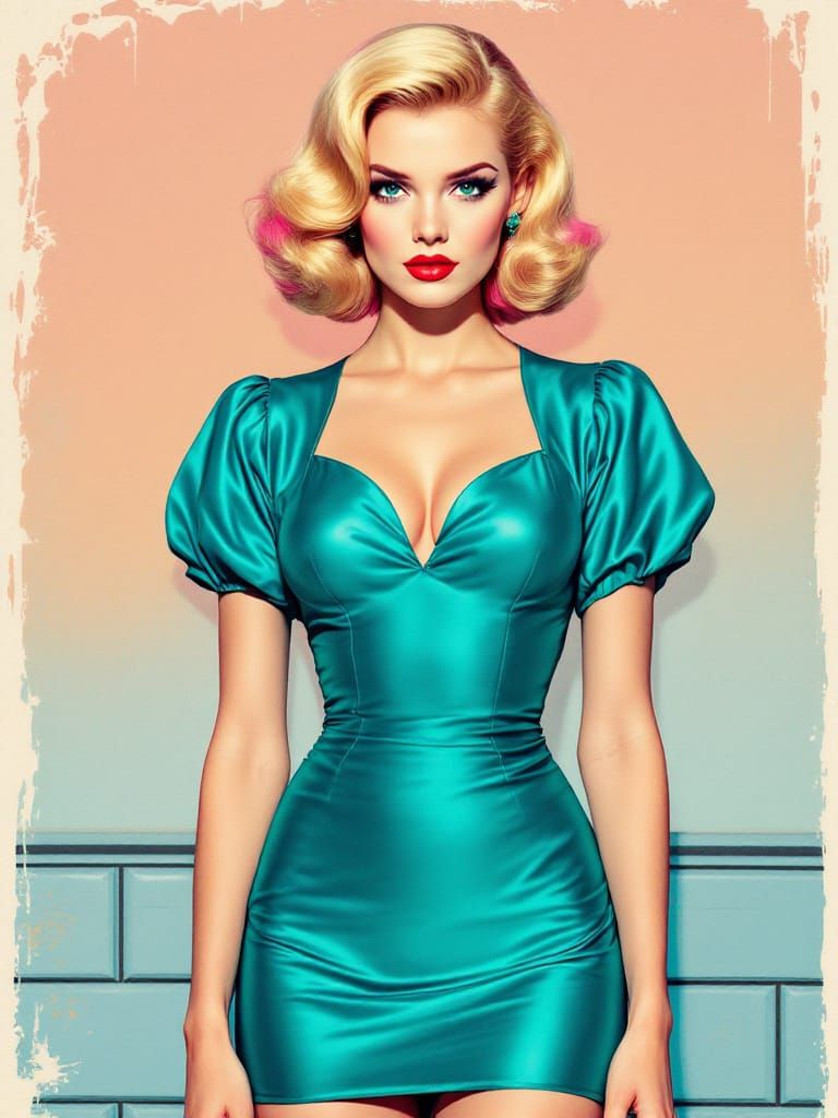 Pin-Up Woman in Metallic Cyan Dress, Wes Anderson Style