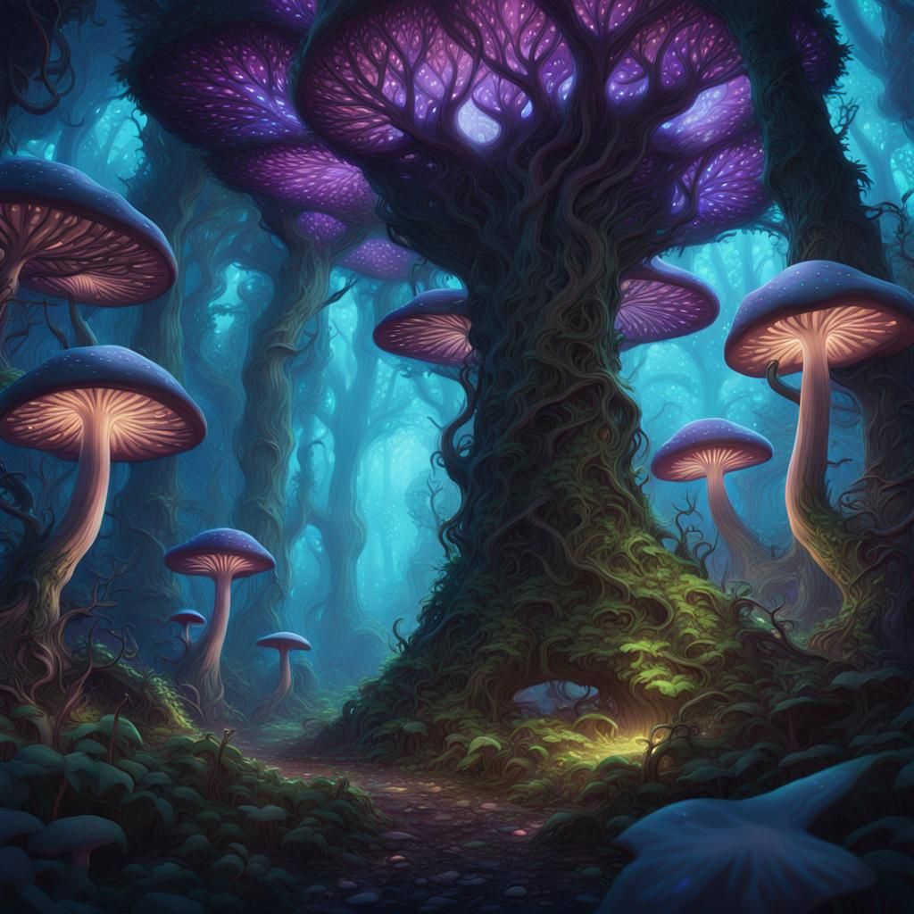 Lush Glowing Forest Inhabited by Iridescent Creatures