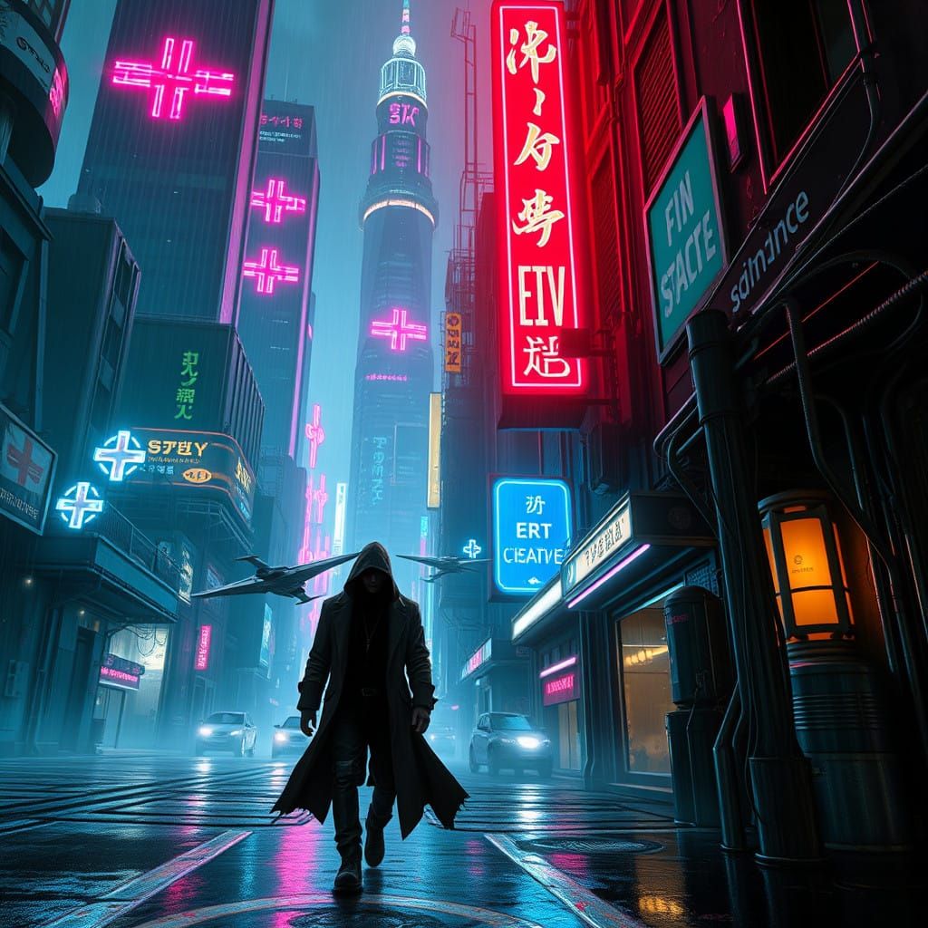 Cyberpunk Cityscape at Dusk with High-Tech, Low-Life Aesthet...