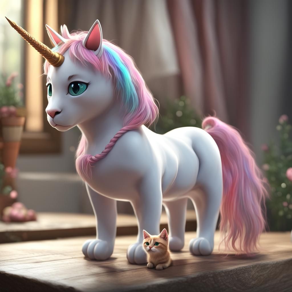 Cat and Unicorn Together: 3D Rendered Art