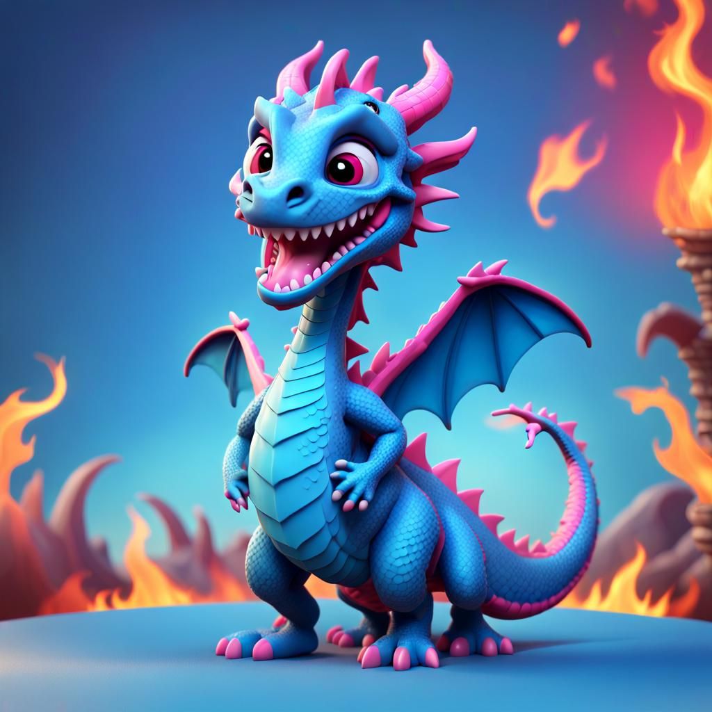 Cute Blue and Pink Dragon Bobblehead 3D Art