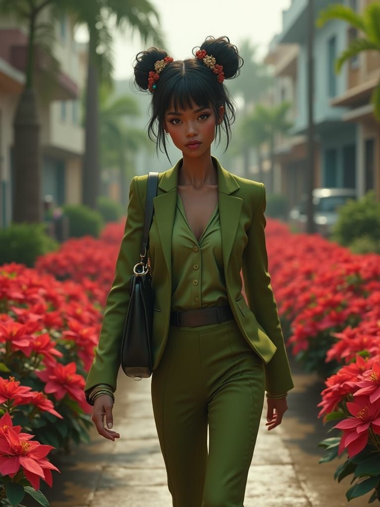 Cyberpunk Woman Walks Poinsettia Path in Trinidad