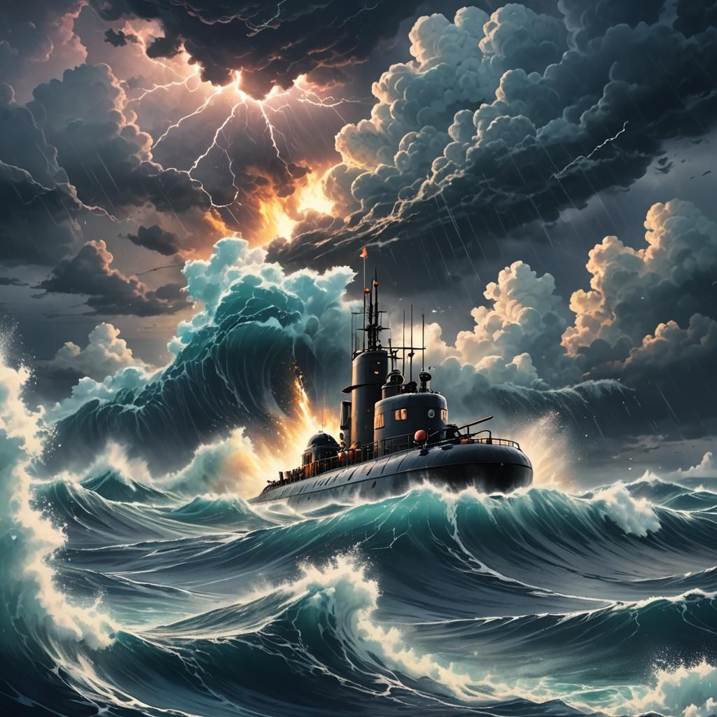 Submarine Sails Raging Ocean in Anime Style