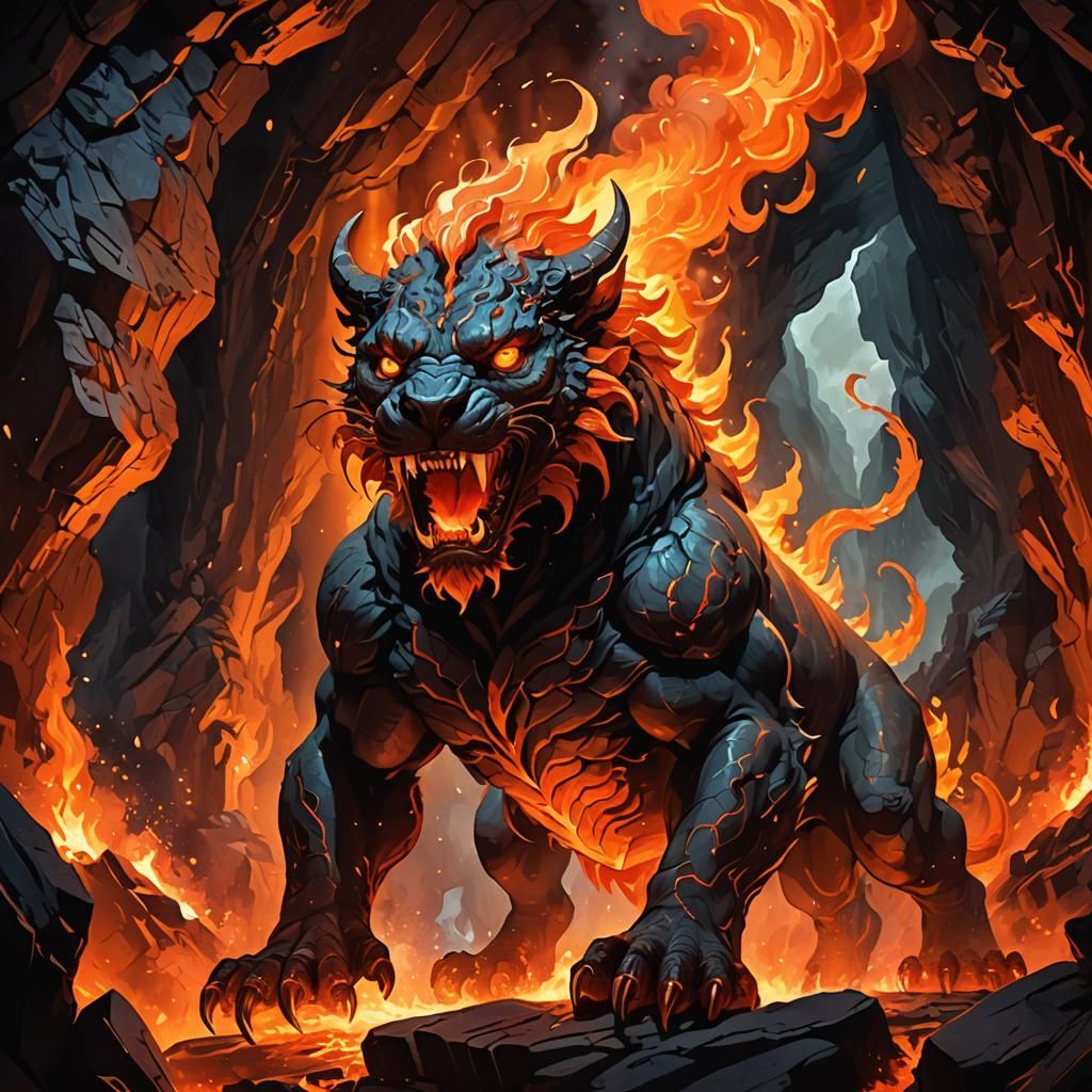 Chimera in Volcanic Cave: A Fantasy Illustration