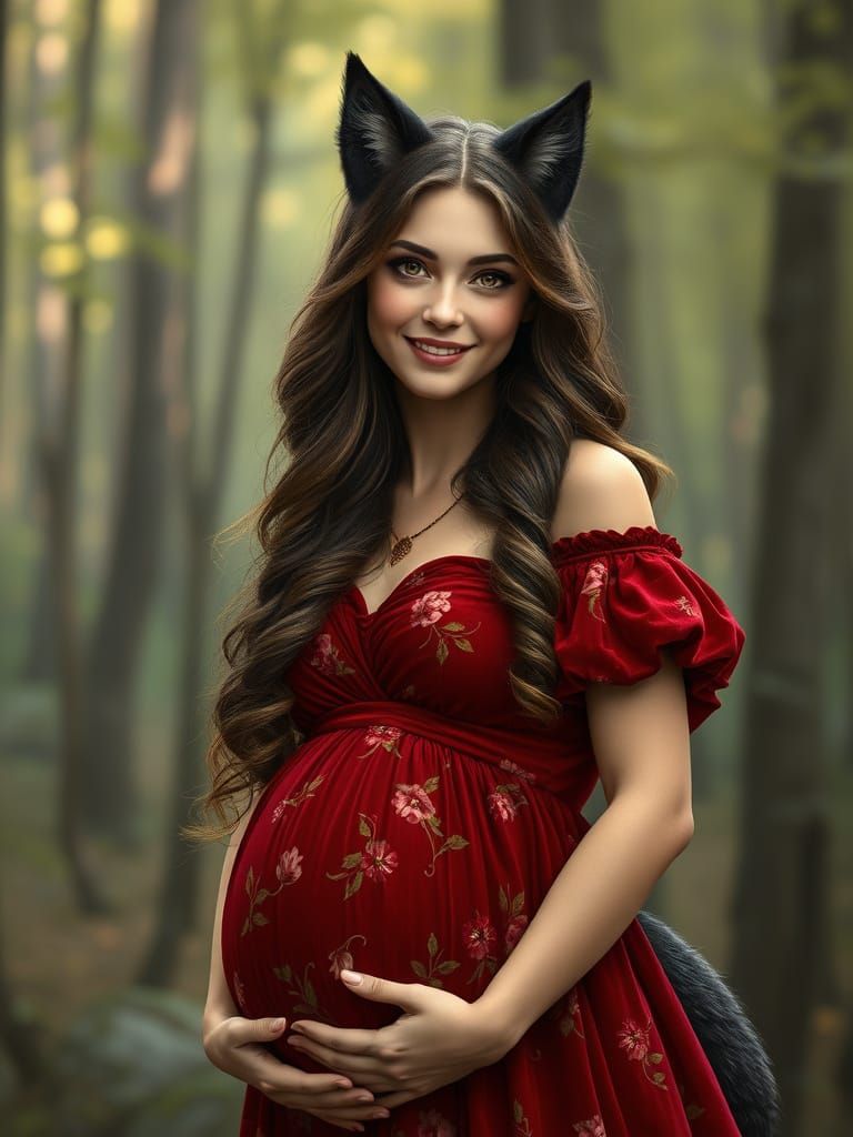 A Pregnant Medieval Fantasy Maiden Smiles in the Woods