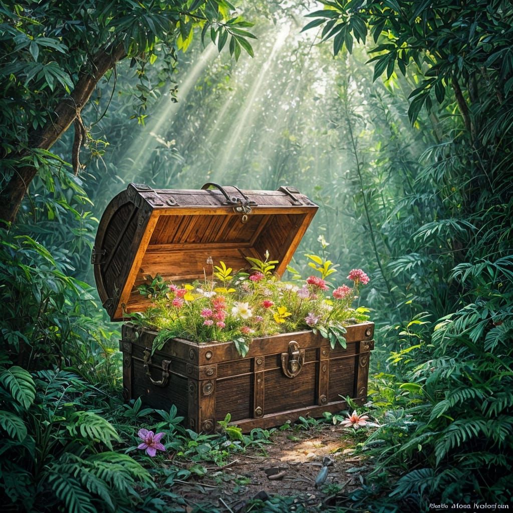 Ornate Treasure Chest with Ethereal Flora in Jungle Clearing