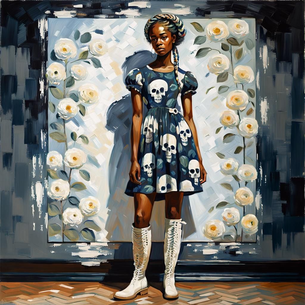 Impressionistic Portrait of Woman in Skull Dress