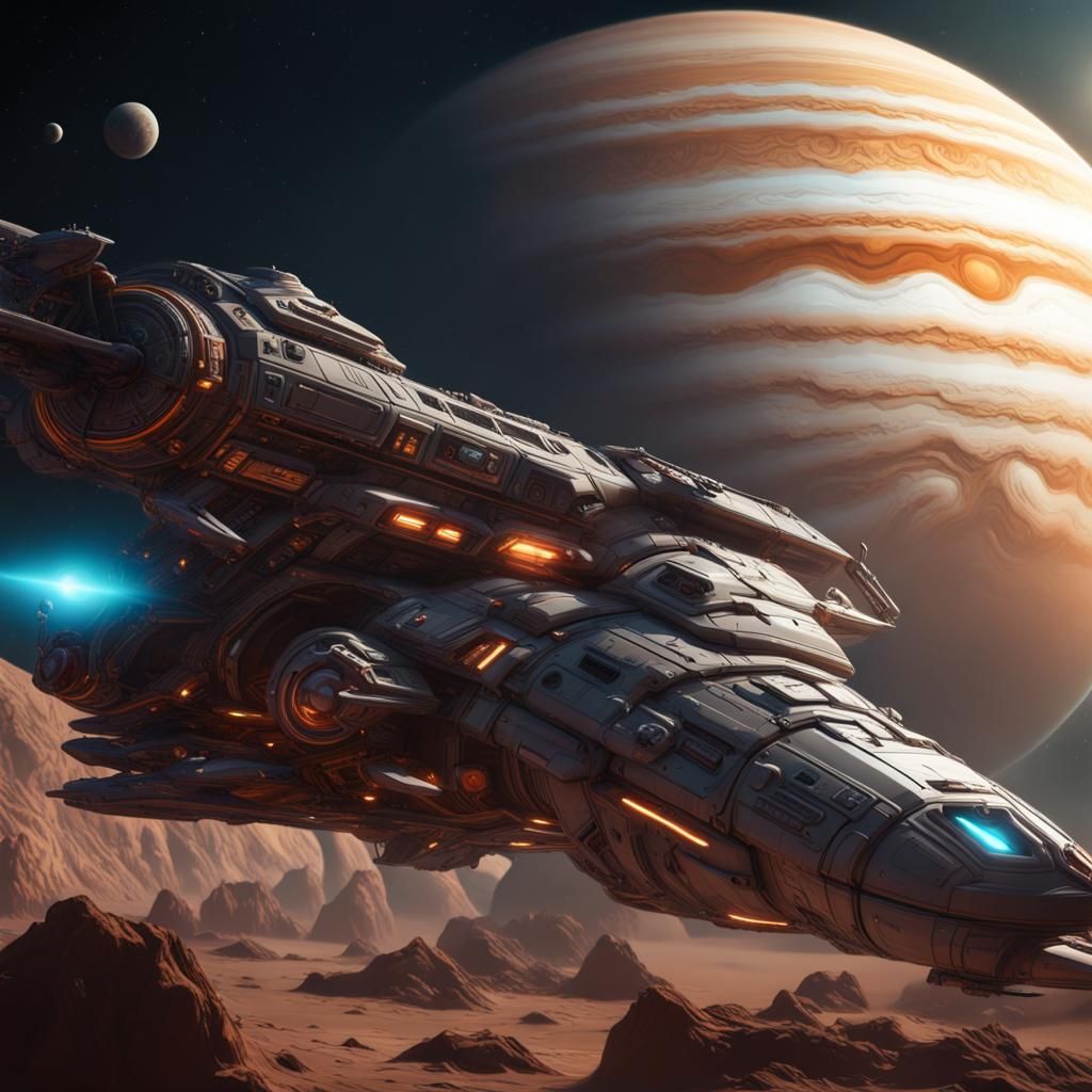 Spaceship Approaches Moon with Jupiter: Fantasy Concept Art