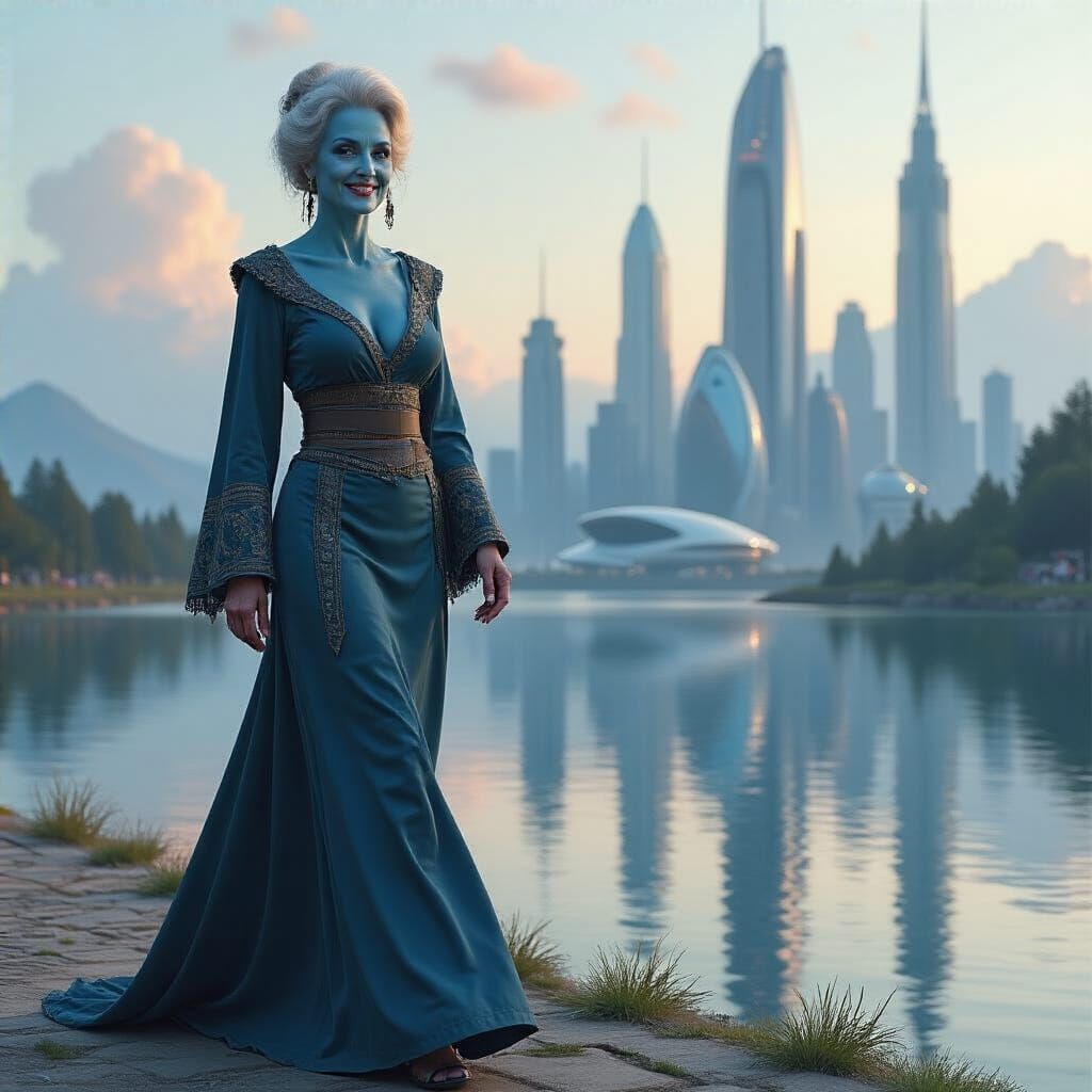 Blue-Skinned Woman Smiles by Futuristic City Lake