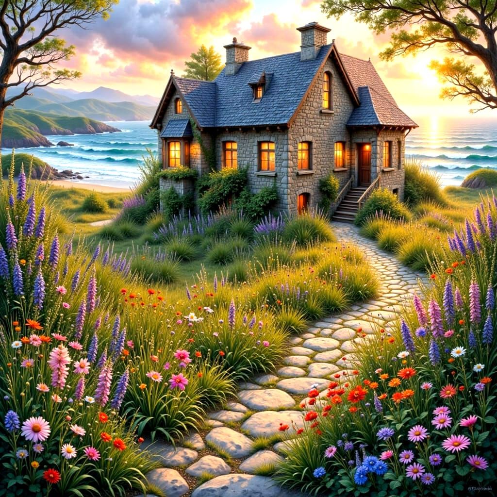 Whimsical Coastal Farmhouse Amidst Vibrant Sunset Gardens