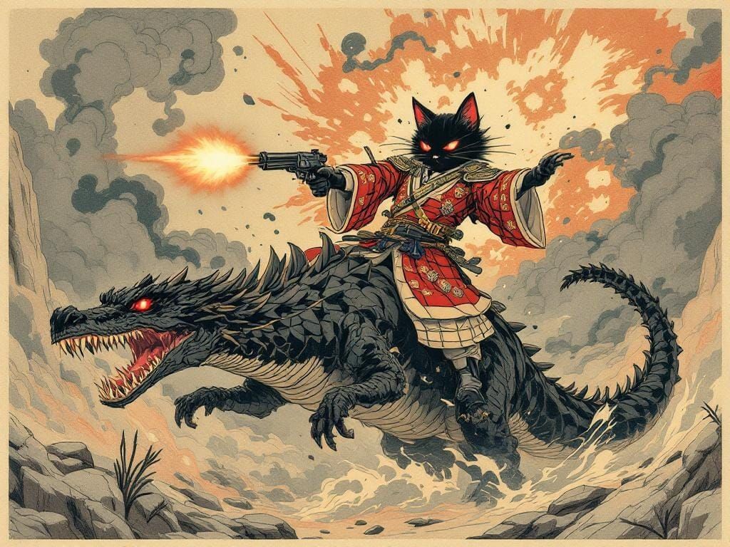 Cat Riding Dinosaur in Ukiyo-e Style