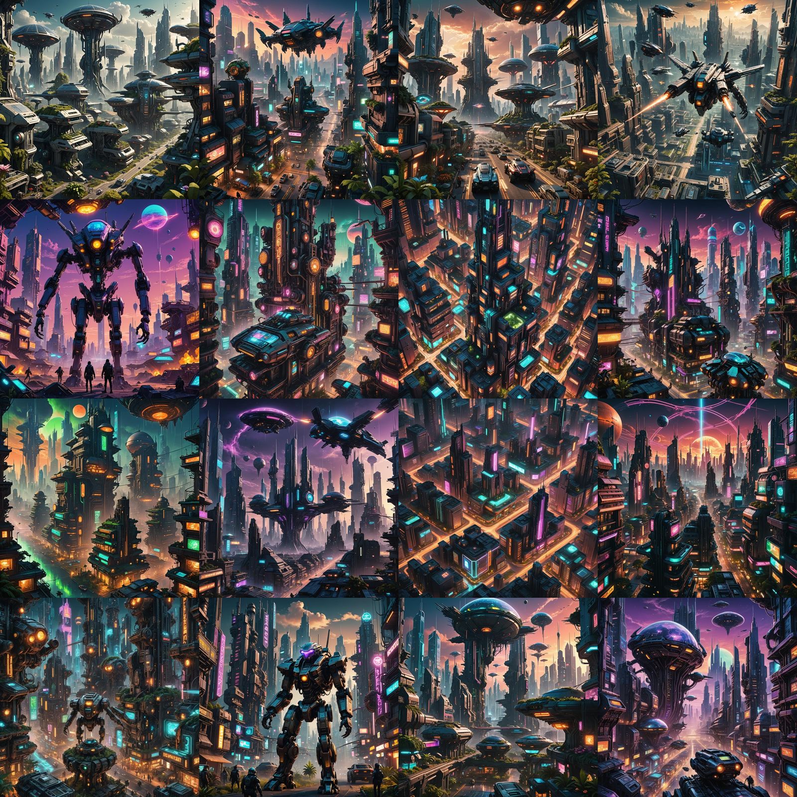 Cyberpunk City with Steampunk and Solarpunk Elements