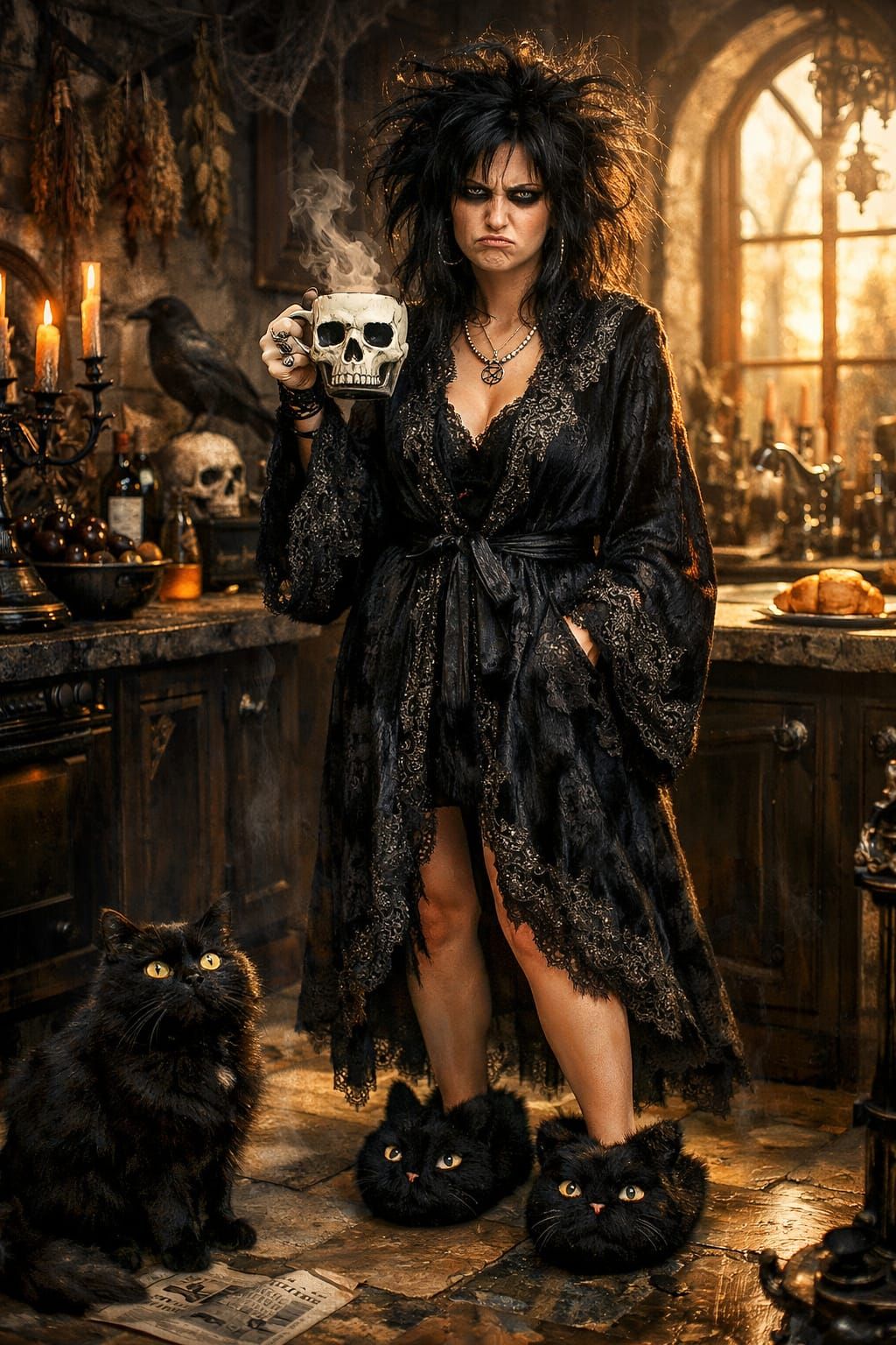 Gothic Fantasy Woman With Coffee and Cat