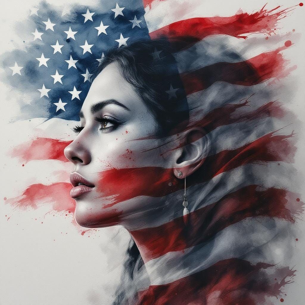 Native American Woman with Flag: Ink Art