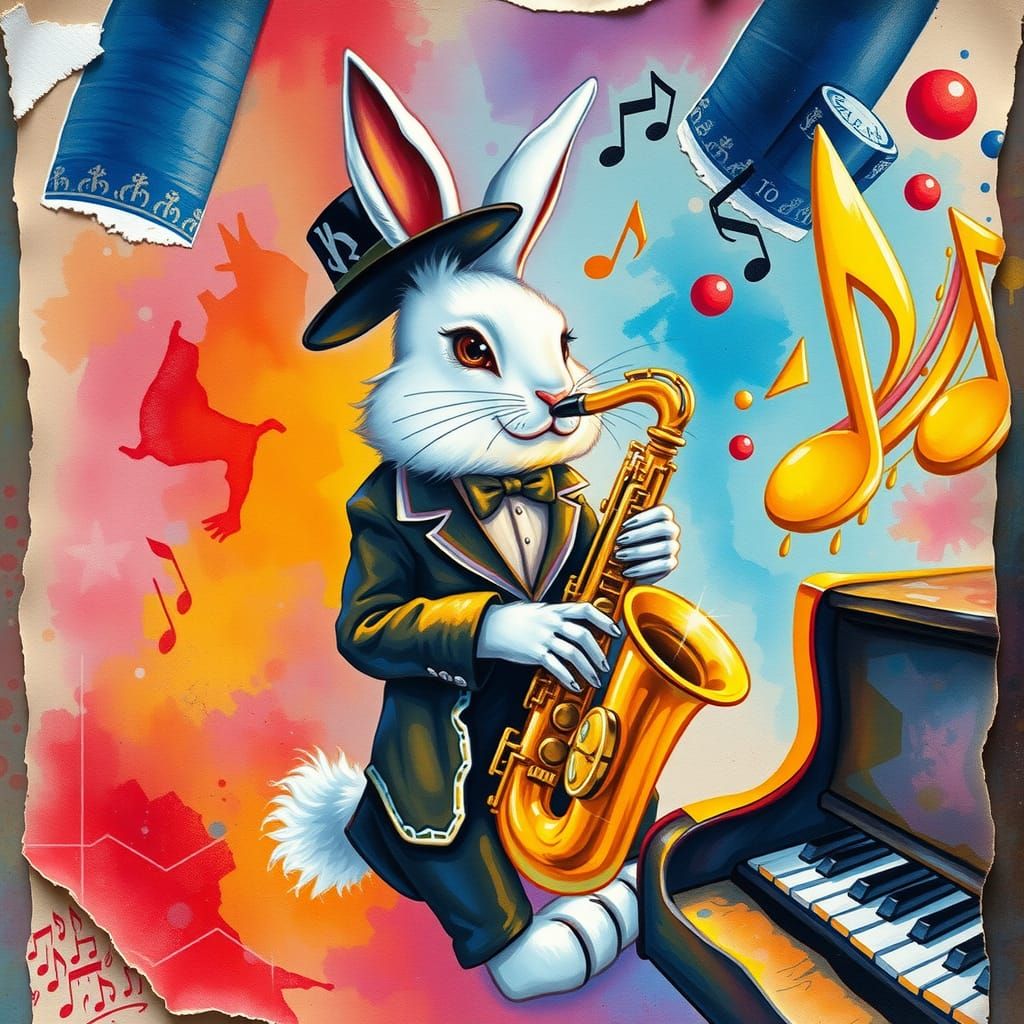 Rabbit in Zoot Suit Plays Saxophone, Watercolor Style