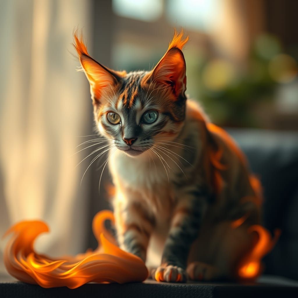 Majestic Feline: Water and Fire Elemental Fusion