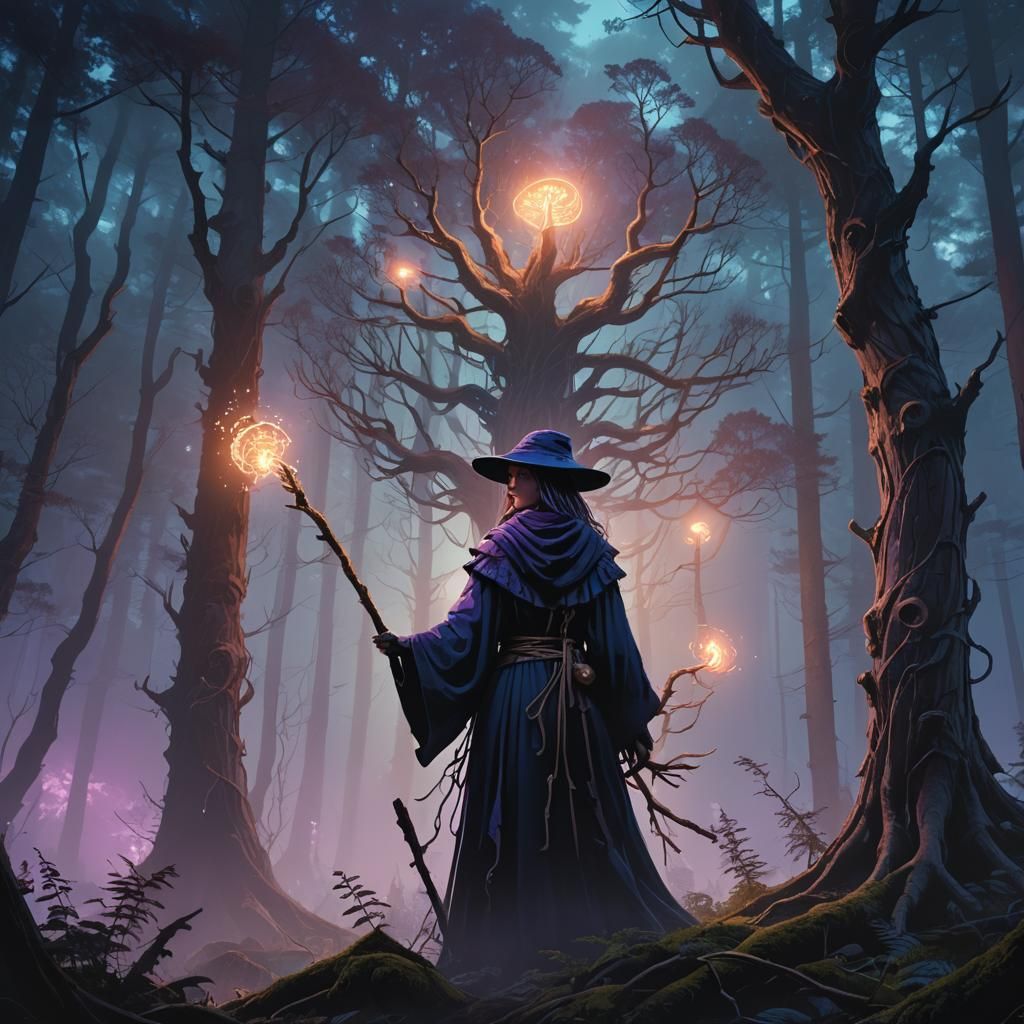 Mystical Sorceress in Eerie Forest, Fantasy Matte Painting