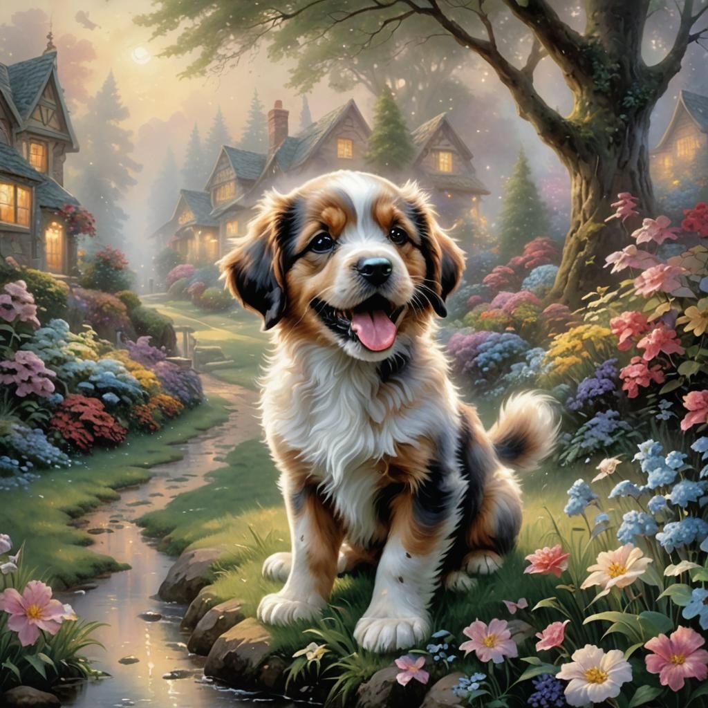 Cute Puppy Licking Nose in Ethereal Fantasy Style
