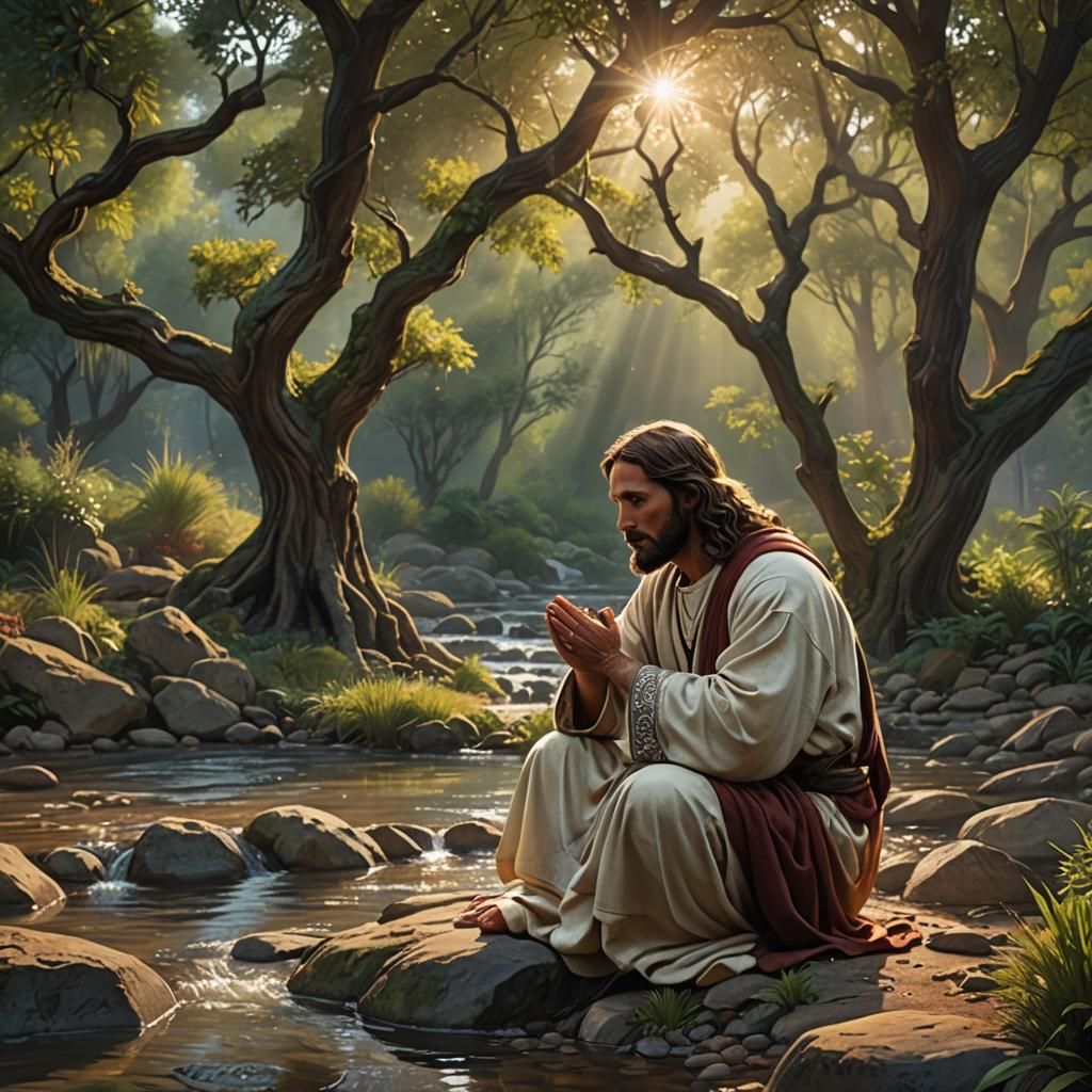Jesus Praying by Stream: Hyperrealistic Concept Art