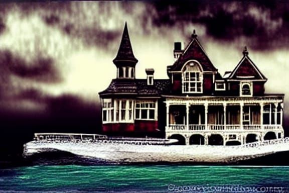 Eerie Victorian House on the Ocean: Hyperdetailed Painting