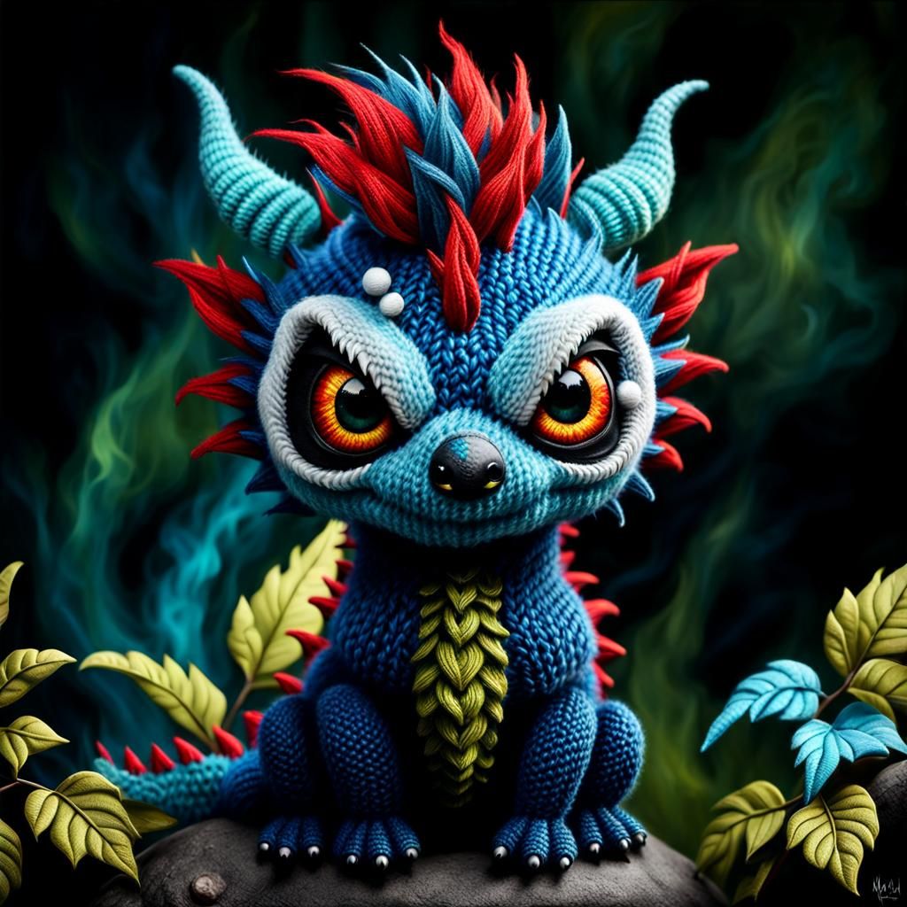 Gothic-Punk Baby Dragon with Big Eyes