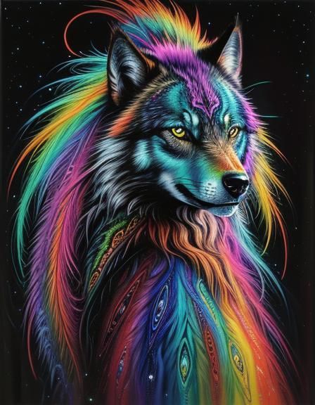 Psychedelic Galaxy Wolf in Alex Grey Style