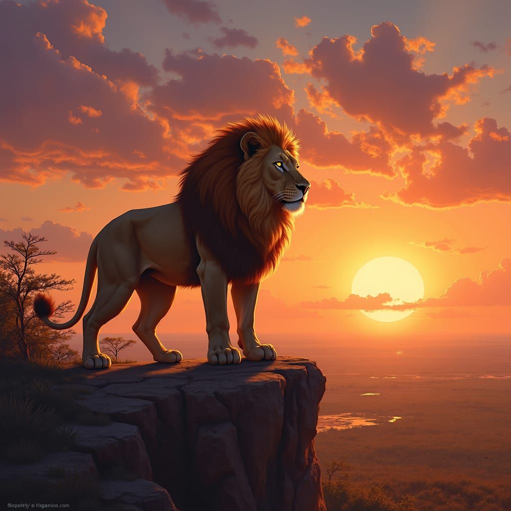 Fiery Lion Overlooking Savanna Sunset: Hyperrealistic Painti...