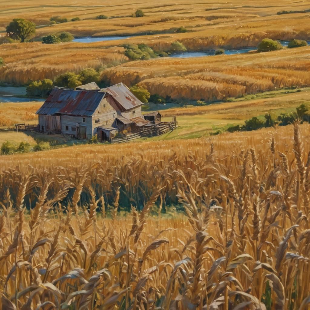 Golden Wheat Farm in Impressionist Gouache Style