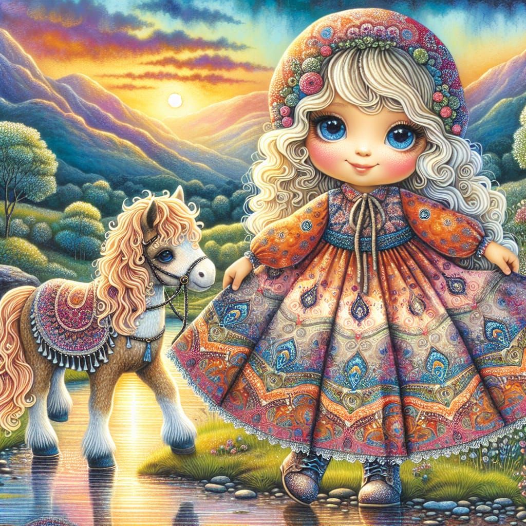 Girl and Pony at Sunset as Mixed Media Art