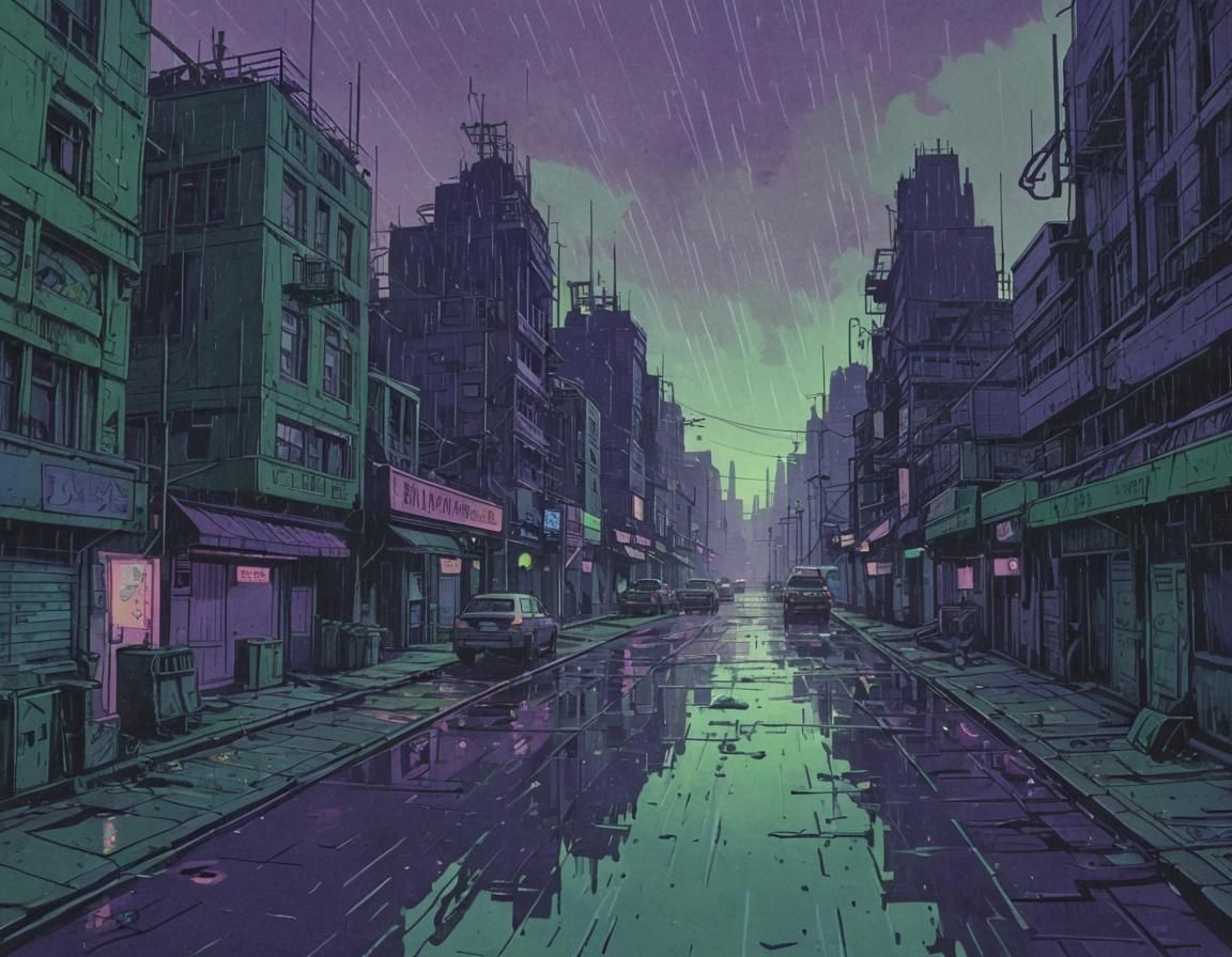 Cyberpunk City Dystopia in Anime Linocut Style