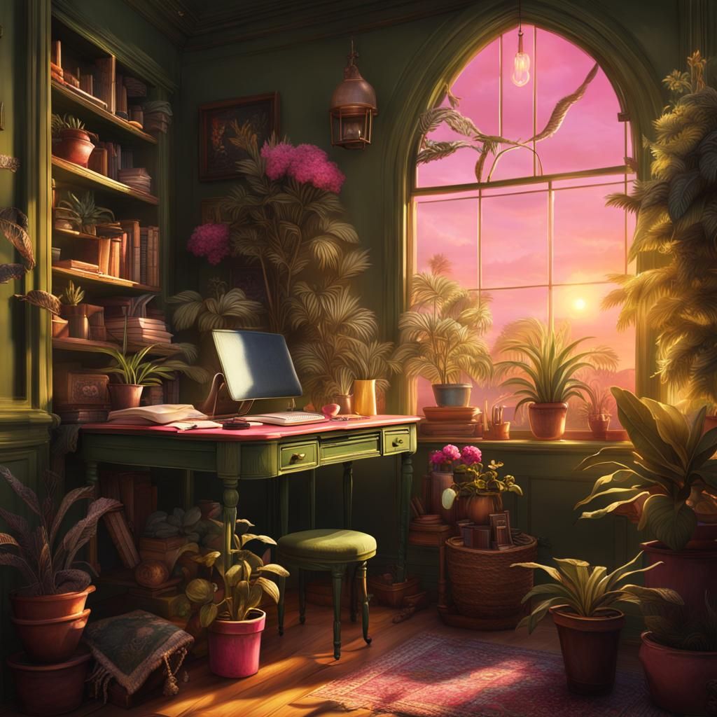 Sage Green Desk with Feather Pen: Digital Painting