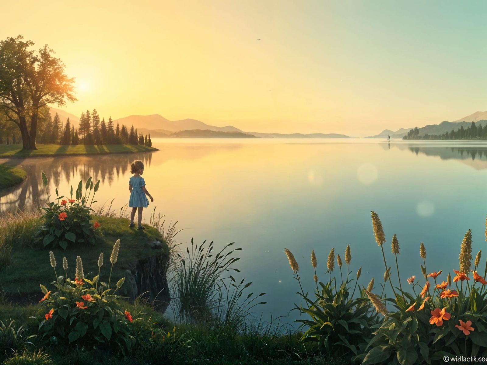 Girl Stares at Lake: Evening Illustration