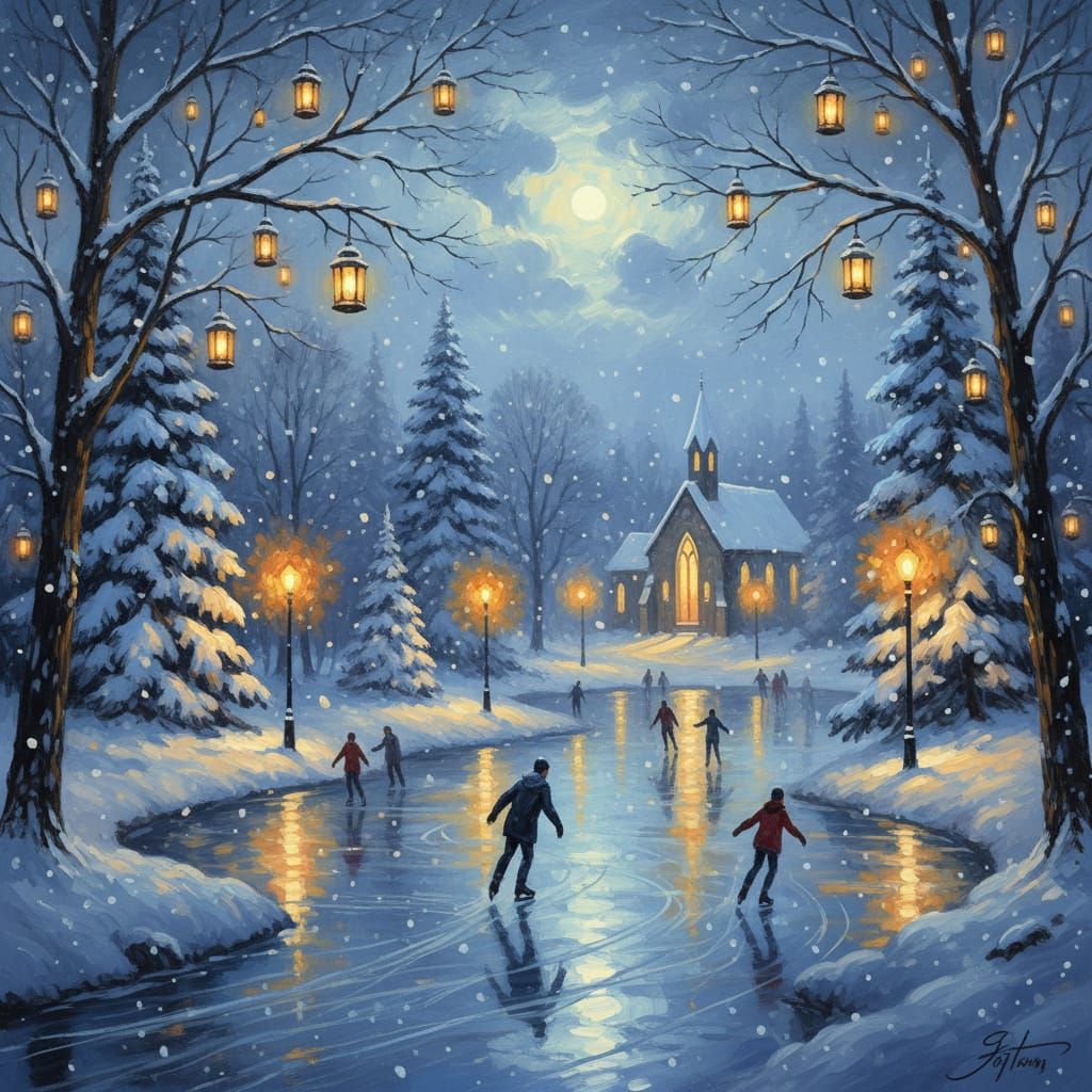 Magical Winter Night Ice Skating Scene with Lanterns