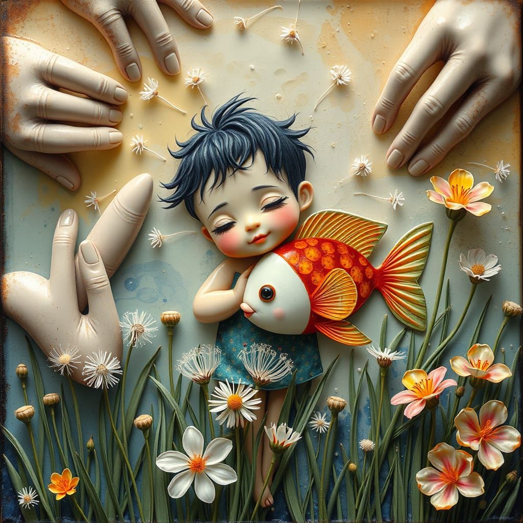 Dreamy Encaustic Image of Child, Fish, and Dandelions