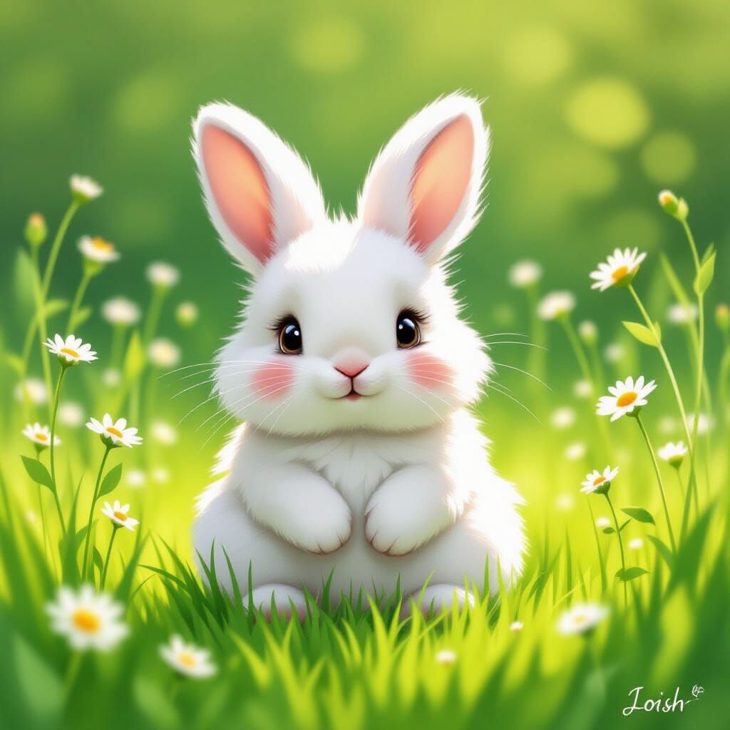 Fluffy White Bunny in Meadow, Watercolour Illustration
