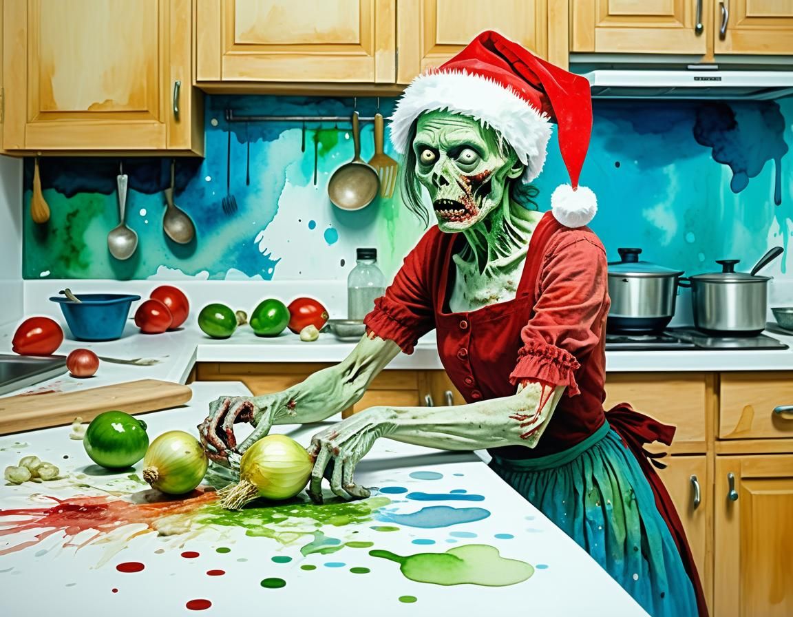 Extreme wide shot. Bored green-skinned zombie woman in Santa...