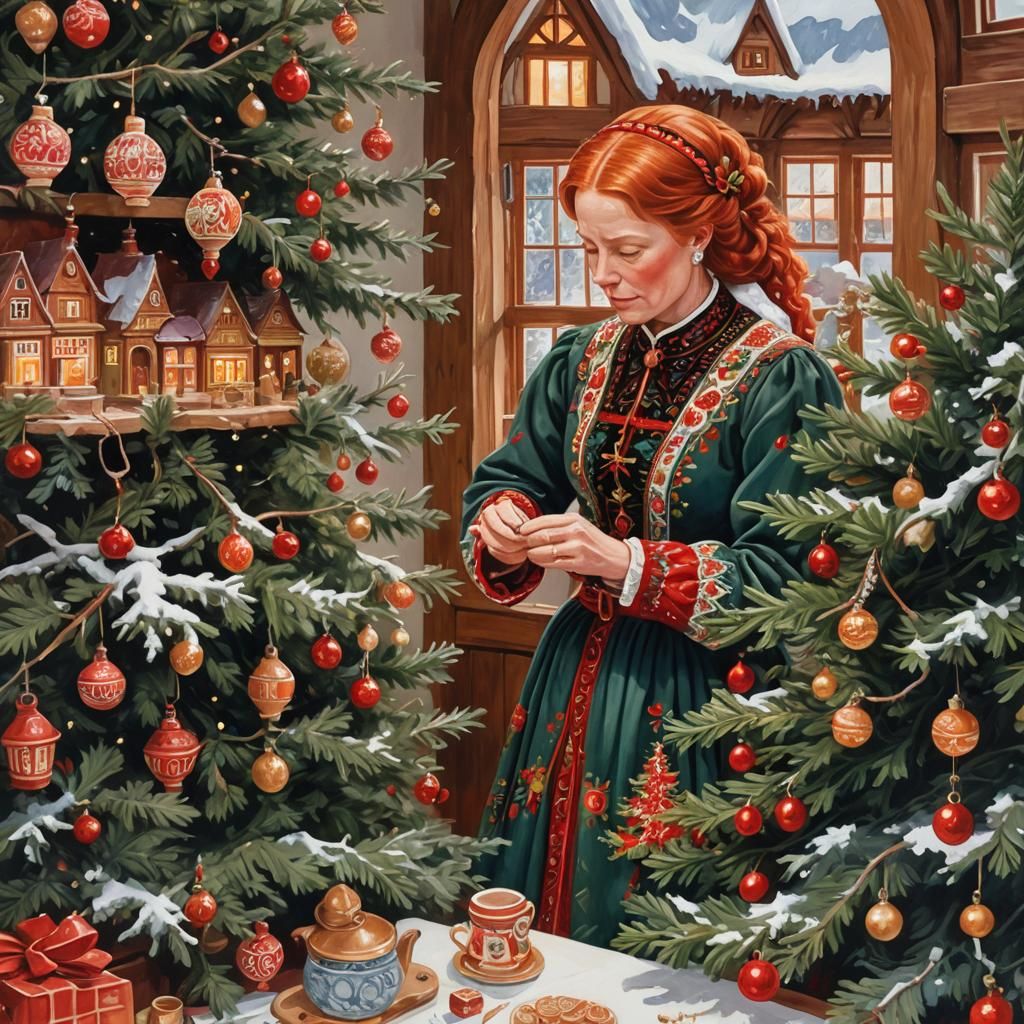 Festive Christmas Tree Decorating in German Folk Art