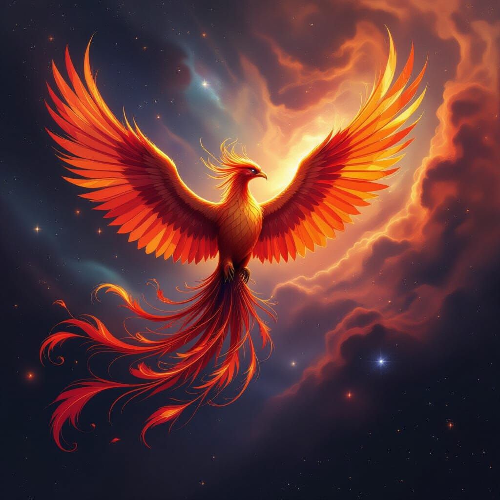 Fiery Phoenix Soaring Through Nebula in Digital Art