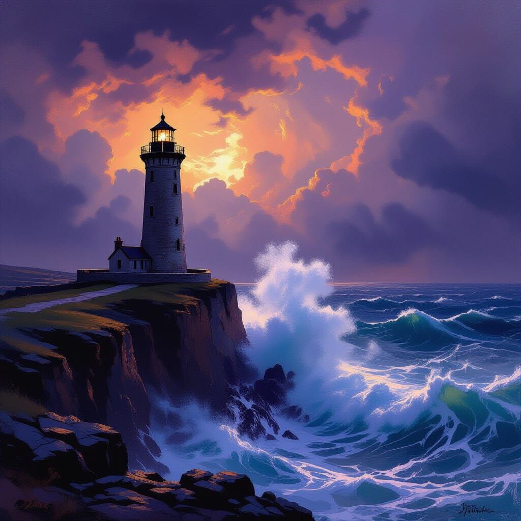 Ancient Lighthouse on Stormy Cliffside in Turner Style